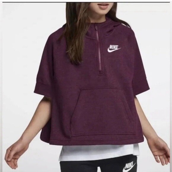 Nike Big Girl's Pullover Half Zip Fleece Poncho Bordeaux Red Purple Sz M Hoodie - Picture 1 of 9